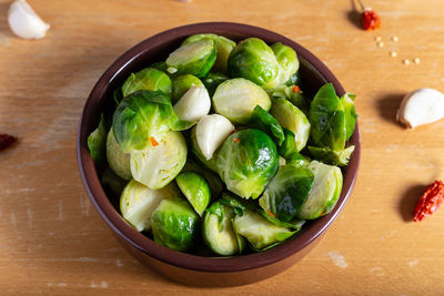 High angle view of salad in bowl on table