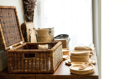 Close-up of wicker basket on table