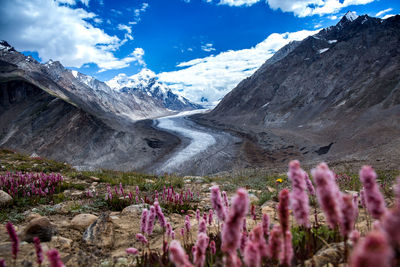 Scenic view of snow covered mountains against sky