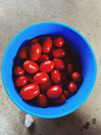 High angle view of cherries in bowl