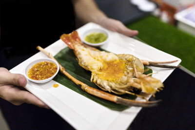 Midsection of man holding plate with food