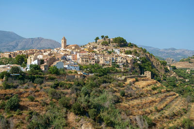 View of townscape against clear blue sky