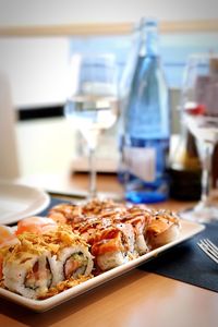 Close-up of sushi served on table