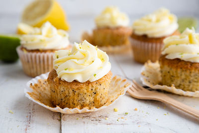 Close-up of cupcakes on table