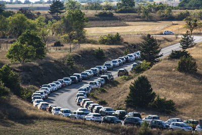 High angle view of vehicles on road along trees