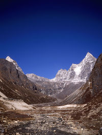 Scenic view of mountains against clear blue sky