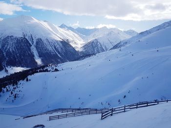 Scenic view of snowcapped mountains against sky