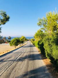 Road amidst trees against clear sky