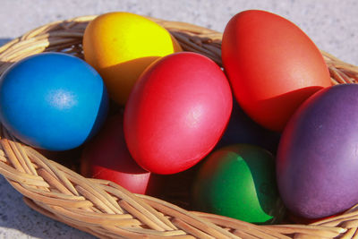 Close-up of colorful eggs in basket