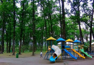 People in park by trees against clear sky