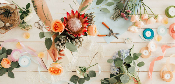 High angle view of flower vase on table