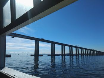 Bridge over sea against clear blue sky