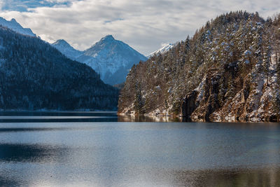 Scenic view of lake by snowcapped mountains against sky