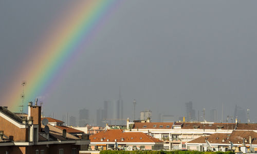 Rainbow over buildings in city against sky