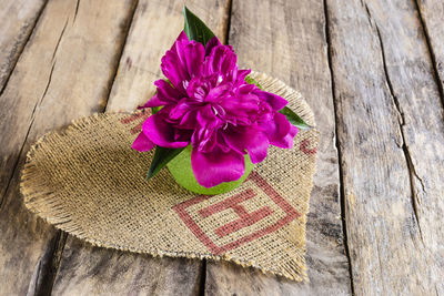 High angle view of pink flower on table