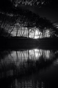 Silhouette trees by lake against sky at sunset