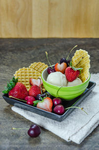 Close-up of strawberries on table