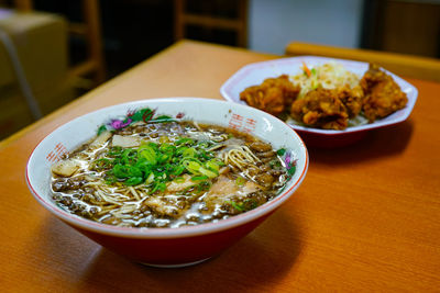 High angle view of meal served on table