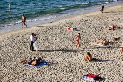 High angle view of people on beach