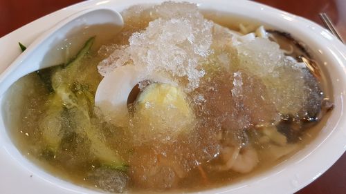 High angle view of soup in bowl