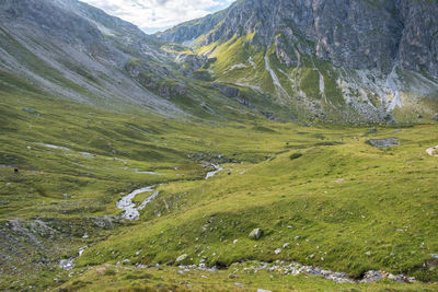 Scenic view of stream amidst mountains