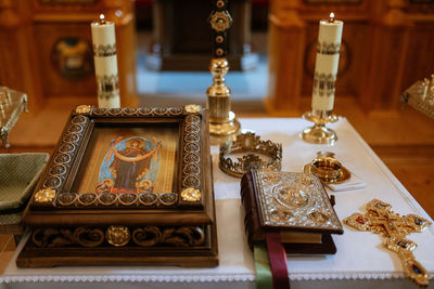 Close-up of chess pieces on table