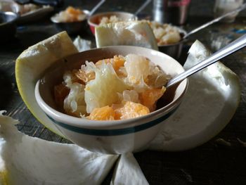 High angle view of food in bowl on table