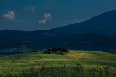 Scenic view of field against cloudy sky