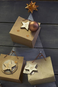 High angle view of christmas decorations on table