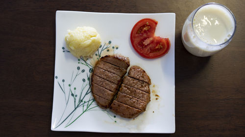 High angle view of breakfast on table