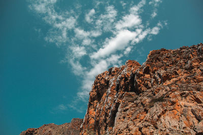 Low angle view of rock formation against sky