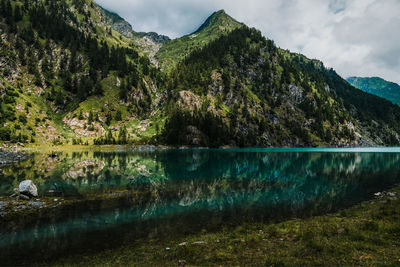 Scenic view of lake and mountains against sky