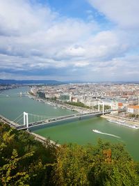 High angle view of bridge over river in city against sky