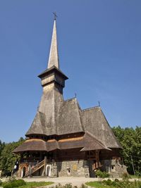 Low angle view of temple building against clear blue sky