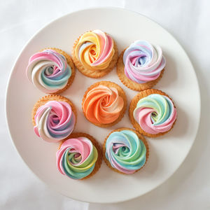 High angle view of cupcakes on table