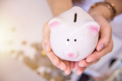 Midsection of woman holding piggy bank against wall