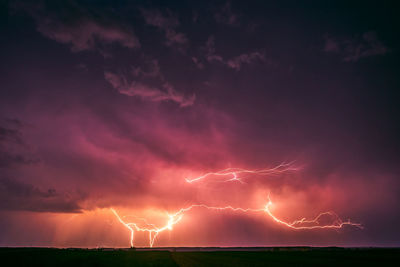 Low angle view of lightning against dramatic sky at night