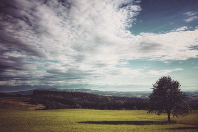 Scenic view of field against cloudy sky