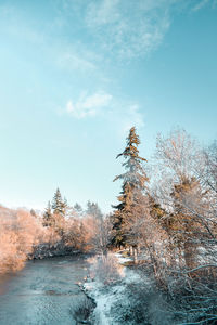 Scenic view of waterfall against sky during winter