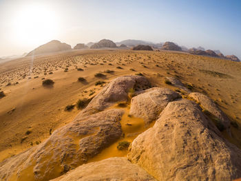 Wide angle shot of the wadi rum desert in jordan, middle east