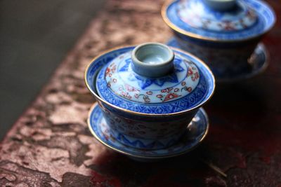 High angle view of coffee cup on table