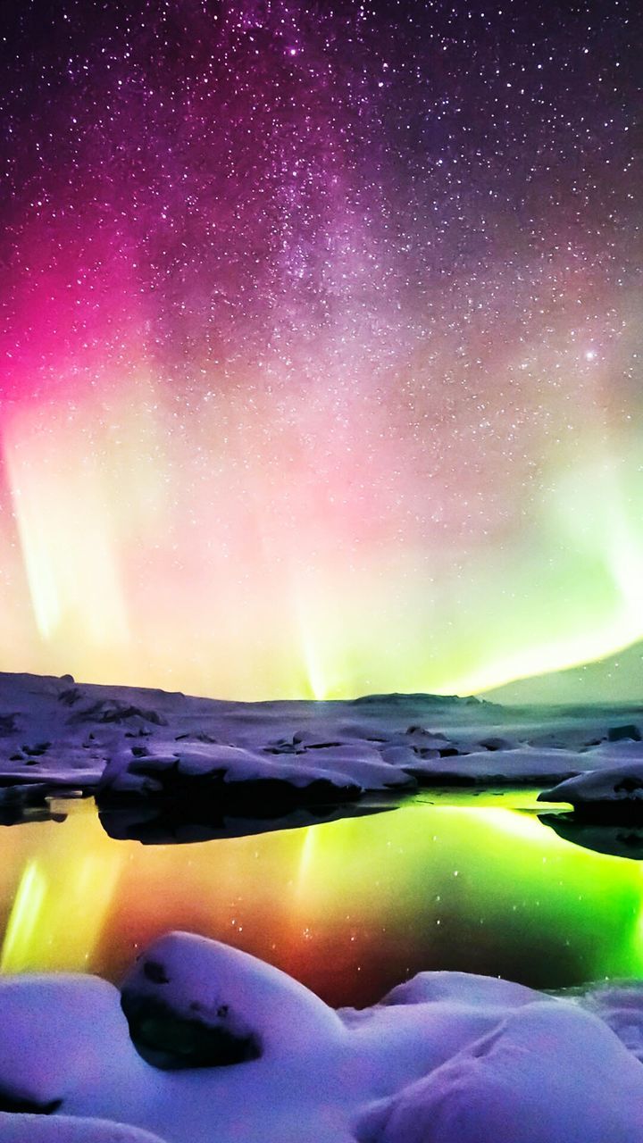 reflection, beauty in nature, nature, star - space, purple, space, sky, no people, night, scenics, illuminated, astronomy, star field, water, outdoors, aurora polaris