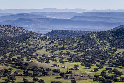 High angle view of landscape and mountains against sky