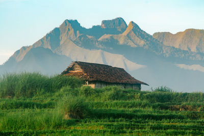 House on field against mountain range