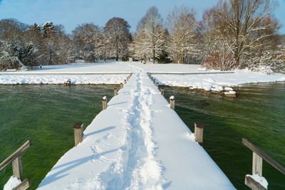 Snow covered land and trees on field against sky