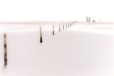 Wooden posts on snow covered land against clear sky