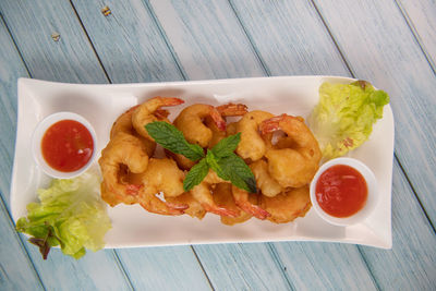 High angle view of food in plate on table