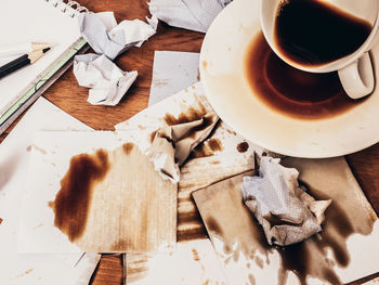 High angle view of coffee cup on table