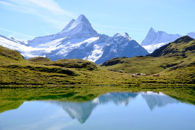 Scenic view of lake and mountains against sky