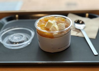 Close-up of ice cream in glass on table